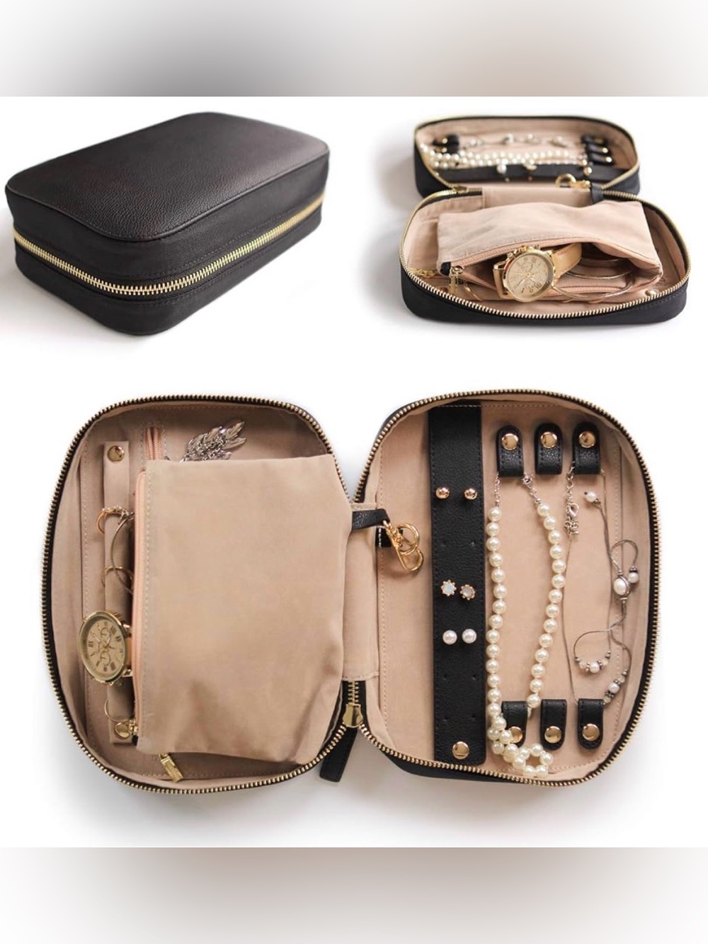 Black Travel Leather Jewelry Large - Black with beige interior